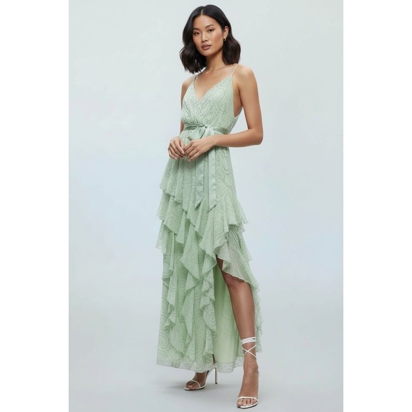 Alice + Olivia Dresses & Skirts - Alice+Olivia Sage Green Ruffle Maxi Dress V Neck Tie Waist Size 2